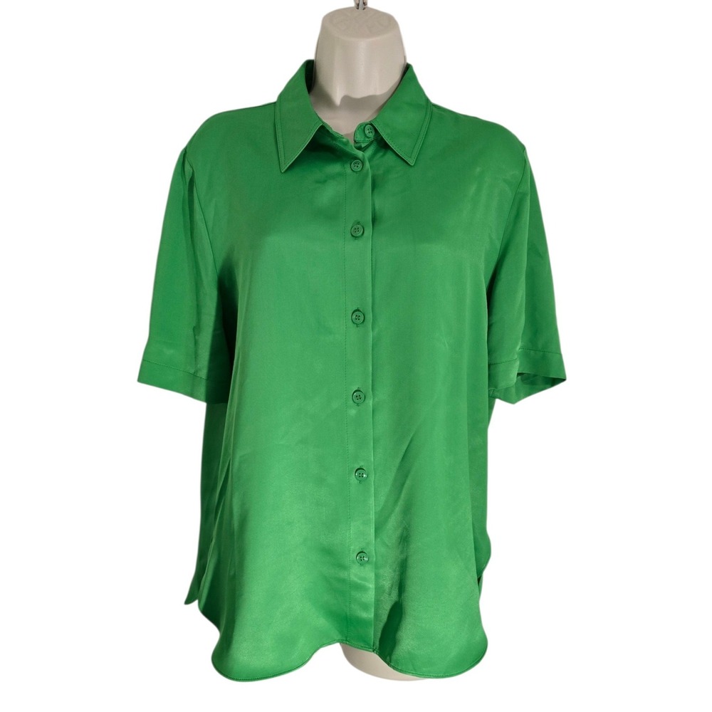 Zara Green Satin Effect Short Sleeve Button Up Shirt Blouse 4437/240 Large